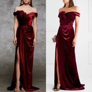 Marchesa Off The Shoulder Floral Appliqued Velvet Gown Burgundy Red Size 10